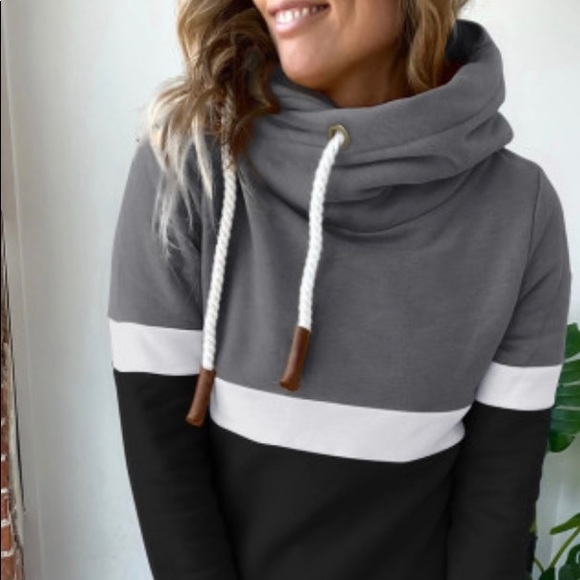 SALE COZY BLACK DRAWSTRING COWL NECK HOODIE - Picture 5 of 6